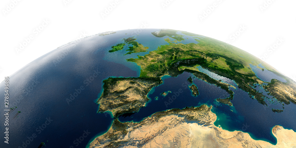 Fototapeta premium Detailed Earth on white background. Spain and the Mediterranean Sea