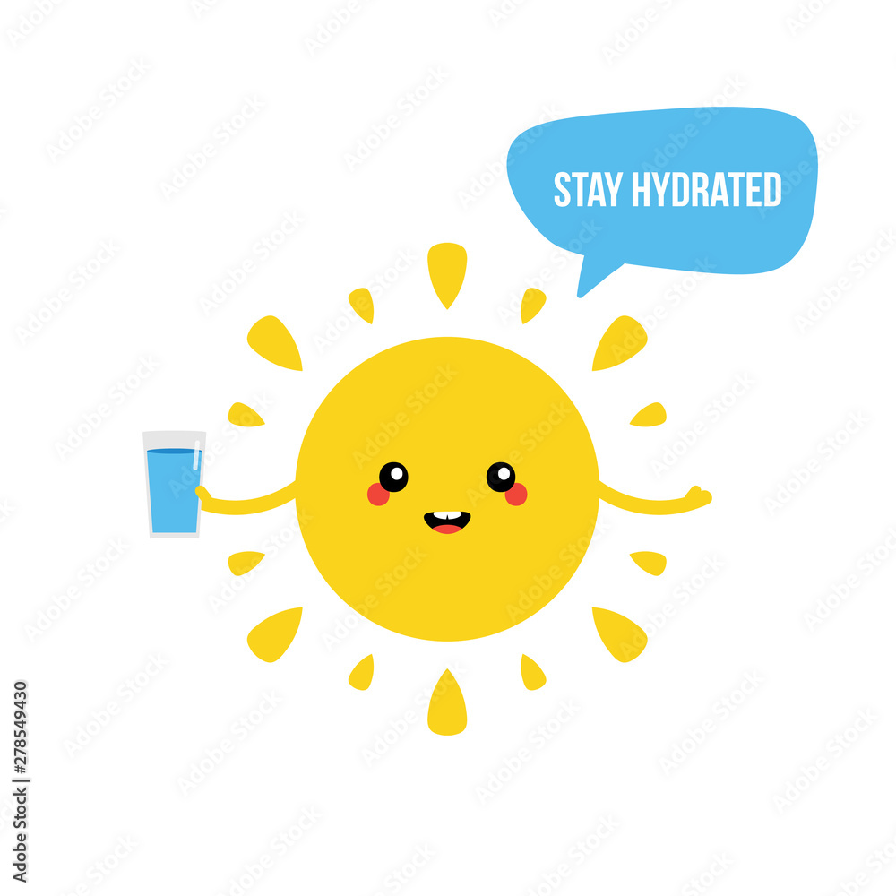Cute and funny cartoon vector sun character, smiling, holding a glass of water and asking to stay hydrated.