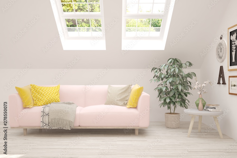 Obraz premium Stylish room in white color with sofa. Scandinavian interior design. 3D illustration