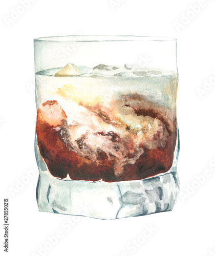 Watercolor illustration of white Russian cocktail popular thanks to the film Big Lebowski photo