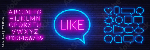 Neon sign like. Set of neon speech bubbles and the alphabet on a dark background. Template for design.