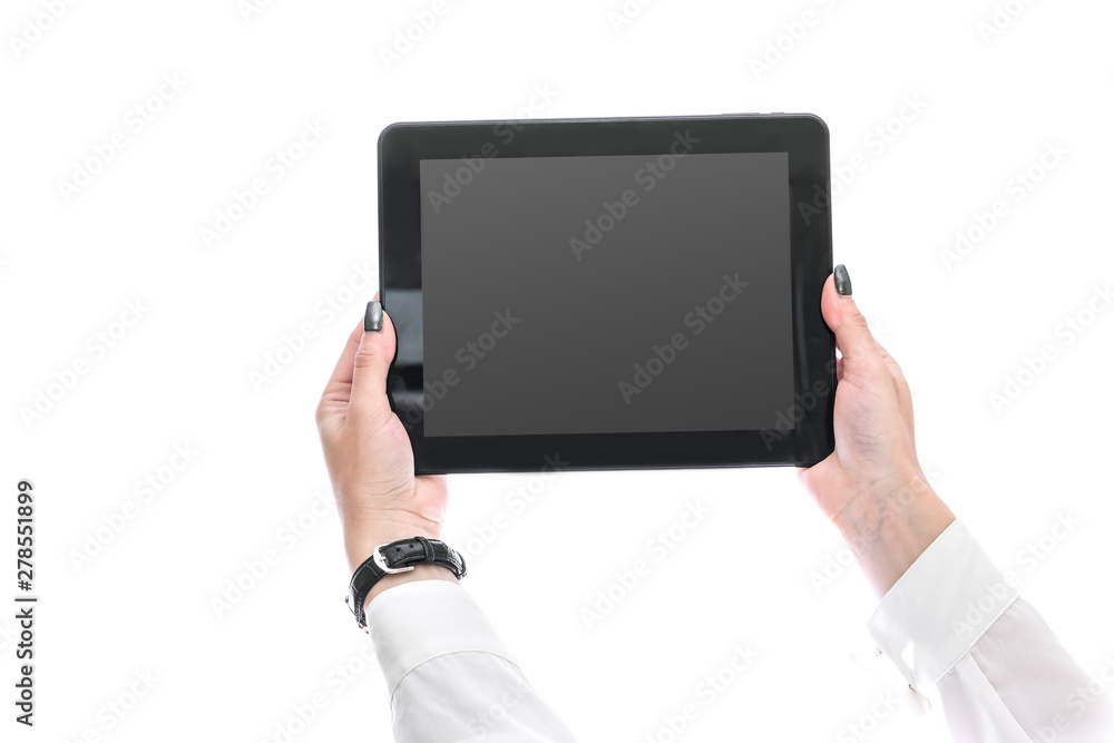 Female hands showing tablet with empty screen close up Female hands showing tablet with empty screen close up
