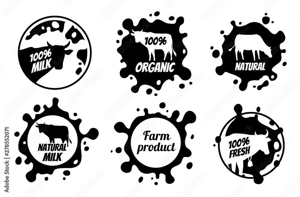 Fototapeta premium Dairy vintage vector logos, milk badges, cheese packaging labels with farm animal. Dairy badge of set, fresh milk product label and badge illustration.