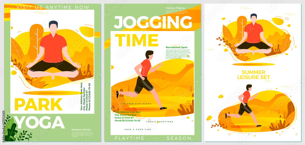 Vector summer sport posters set - yoga and running. Forests, trees and hills on background. Print template with place for your text.