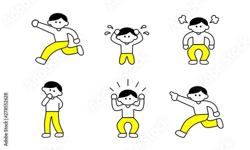 色々なポーズの黄色い服の男性（デフォルメ）