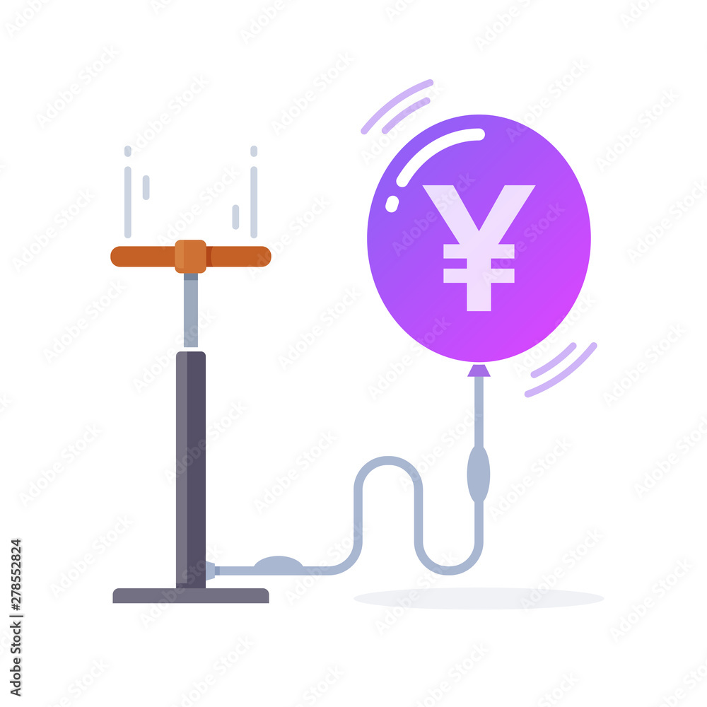 Money bubble. Conceptual illustration. Hand pump inflates balloon with japanese yen sign Money bubble. Conceptual illustration. Hand pump inflates balloon with japanese yen sign