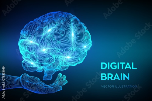 Brain. Digital brain in hand. 3D Science and Technology concept. Neural network. IQ testing, artificial intelligence virtual emulation science technology. Brainstorm think idea. Vector illustration.