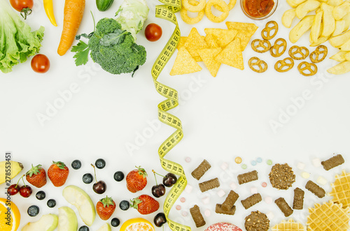 Top view healthy food vs unhealthy food