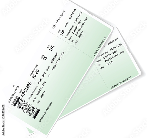Pattern of green airline boarding pass ticket. Concept of travel, journey or business. Isolated on white. Vector illustration. Realistic variant of airline boarding pass ticket