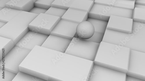 3D illustration of a white sphere on a white surface with a cubic relief. Futuristic design, abstract background for your desktop. 3D rendering of a chaotic arrangement of geometry on a surface.