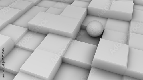 3D illustration of a white sphere on a white surface with a cubic relief. Futuristic design, abstract background for your desktop. 3D rendering of a chaotic arrangement of geometry on a surface.