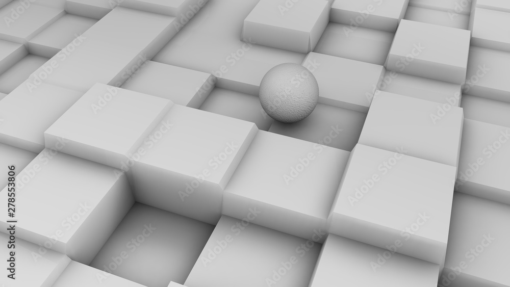 3D illustration of a white sphere on a white surface with a cubic relief. Futuristic design, abstract background for your desktop. 3D rendering of a chaotic arrangement of geometry on a surface. 3D illustration of a white sphere on a white surface with a cubic relief. Futuristic design, abstract background for your desktop. 3D rendering of a chaotic arrangement of geometry on a surface.