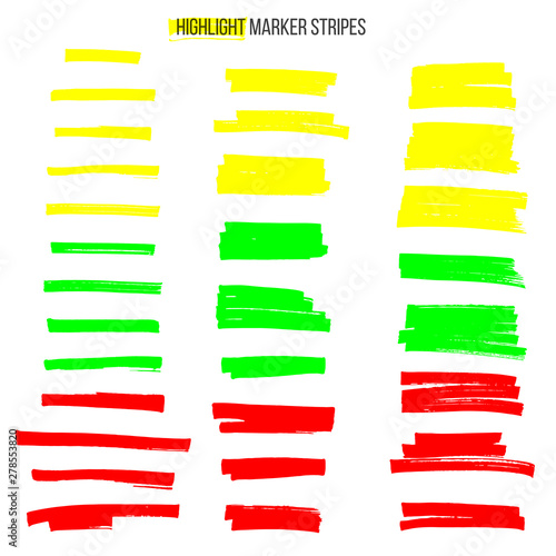 Different color highlight marker stripes isolated on white background. Vector yellow, green and red design elements.