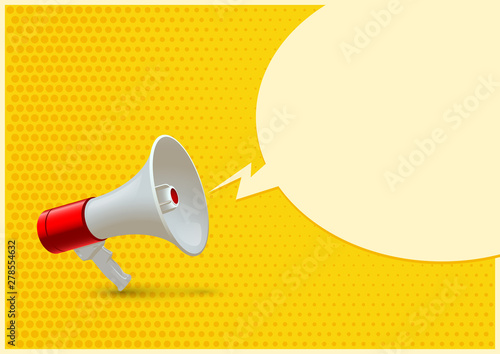 Red and white realistic megaphone and blank speech bubble isolated on yellow pop art background. Vector 3d bullhorn illustration.