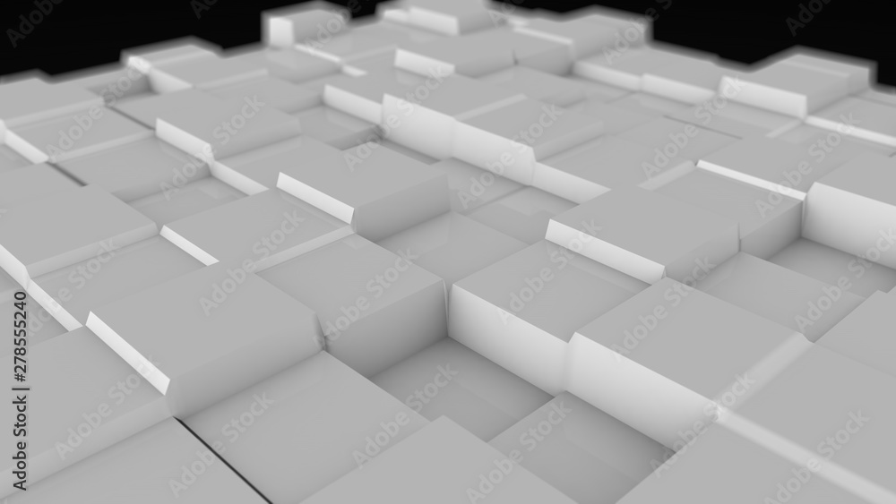 3D illustration of an abstract background of many cubic protuberances on a white surface with blurring background. Isolated on black background 3D rendering, futuristic design, abstraction. 3D illustration of an abstract background of many cubic protuberances on a white surface with blurring background. Isolated on black background 3D rendering, futuristic design, abstraction.