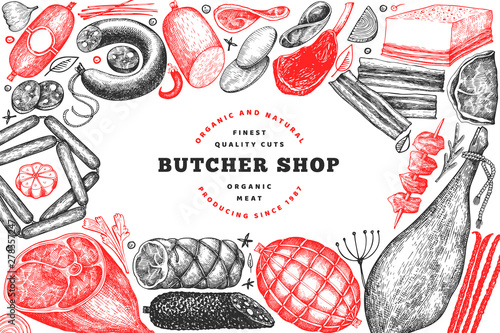 Butcher shop hand drawn vector banner template. Retro style