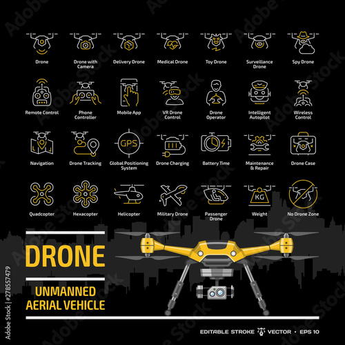 Drone unmanned aerial vehicle outline icon set on a black background with flat yellow UAV mockup, city skyline and symbols collection: camera, military and delivery robots editable stroke signs.