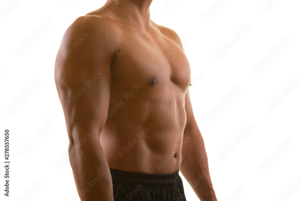 Perfect male muscular torso isolated on white background. Fitness, workout, diet and training concept.