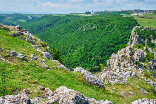 Tureni-Copaceni gorge - top view from the ridge towards the forest at the entrance from Copaceni village. Also called Cheile Turului (or Turi hasadek in Hungarian), this is a protected natural area.