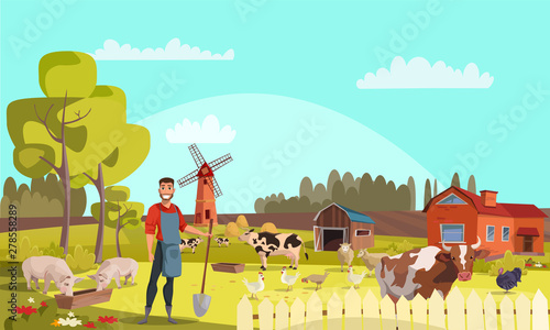 Farmer with shovel flat vector illustration