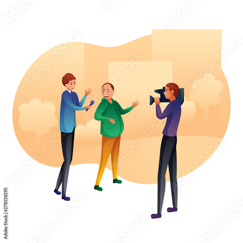 TV reporter interviews man vector illustration
