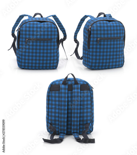 Blue checkered backpack isolated on wthie with different angle photo