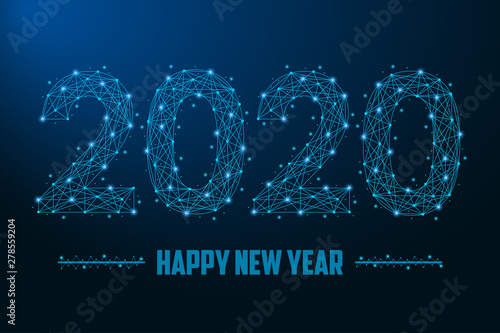 2020 New Year illustration made by points and lines, polygonal wireframe mesh on night sky, dark blue background. Low poly greeting card. Vector.