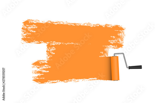 Paint roller with painted area in orange color. Roller brush. Vector illustration. photo