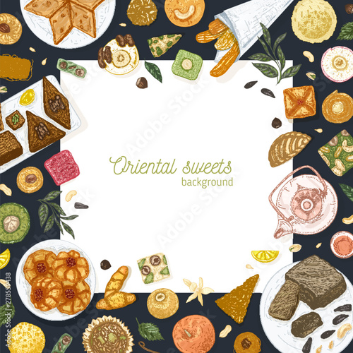 Square background template with frame made of sweets lying on plates