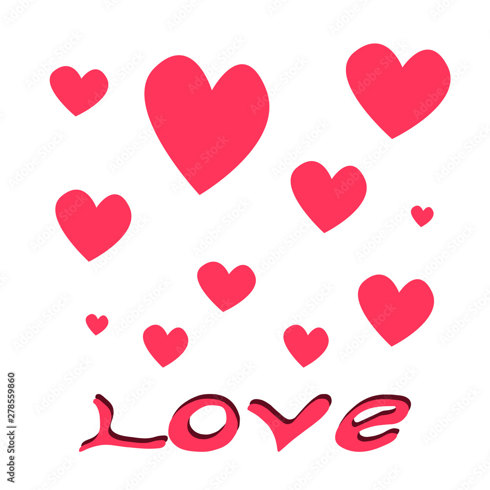 Love word hand drawn lettering.small and big hearts on white background with lettering love Grunge vector illustration.Suitable for postcard or poster. Pink color text on white background.