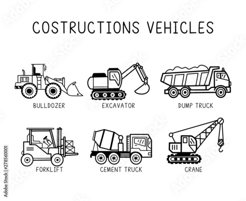 Construction vehicles set line art. Artwork could be used as stickers, decal, t-shirt printing, prints