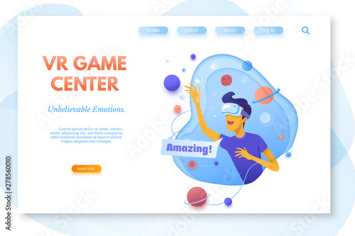 VR game center color vector landing page template
