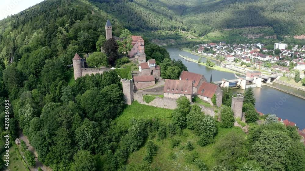 Aerial view, Flight at Castle Hirschhorn at river Neckar, Odenwald, Hesse, Germany, Aerial view, Flight at Castle Hirschhorn at river Neckar, Odenwald, Hesse, Germany,