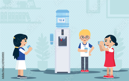 Children drinking water flat vector illustration