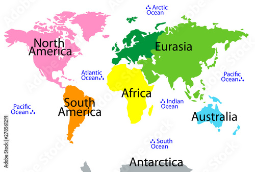 World map vector on white background. Multi-colored bright continents and oceans with names. Globe. Educational flash cards for children. Geography at school