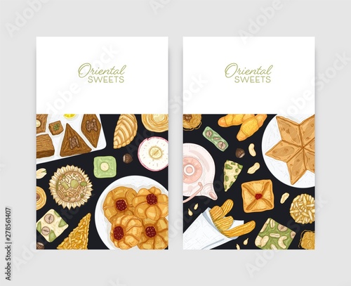 Bundle of flyer or poster templates with oriental desserts on plates. Traditional sweets, tasty confections, delicious pastry. Hand drawn realistic vector illustration for confectionery advertisement.