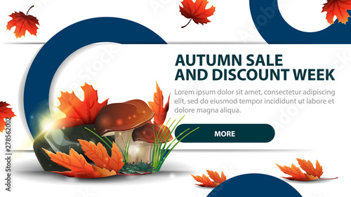 Autumn sale and discounts week, modern discount banner with fashionable design for your website with mushrooms and autumn leaves