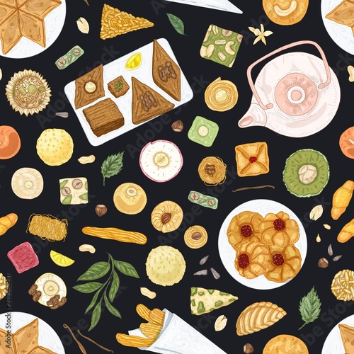 Elegant seamless pattern with oriental desserts on plates on black background. Backdrop with traditional sweet meals, tasty confections, delicious pastry. Hand drawn realistic vector illustration.