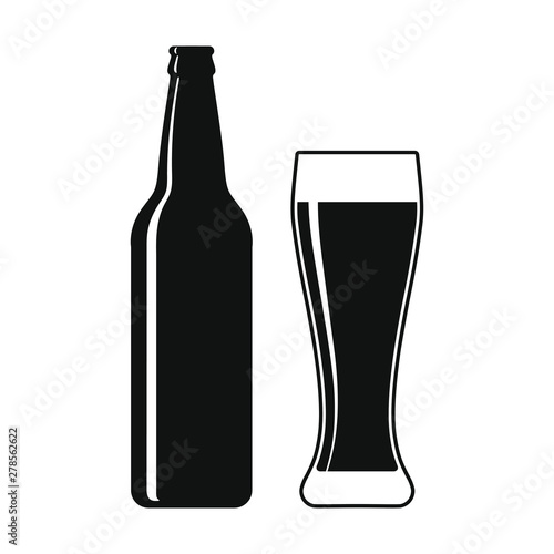 Beer bottle and glass graphic icon. Beer bottle and glass sign isolated on white background. Vector illustration