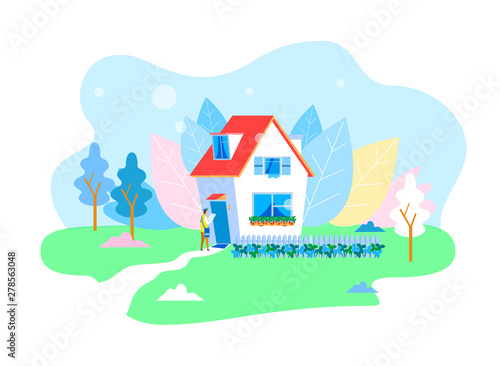 Postman with Mailbag Knocking Smart House Door