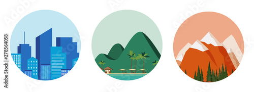 Travel concept - blue city, green beach and red mountains.