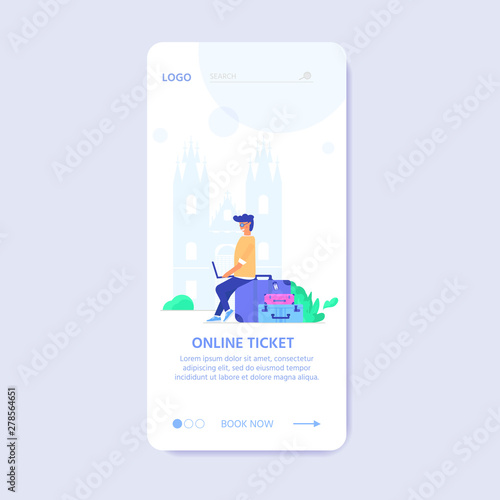 Young people with laptop, bag and baggage. Travel and tourism concept for website template, online booking reservation, landing page, banner, flight tickets service. Vector illustration