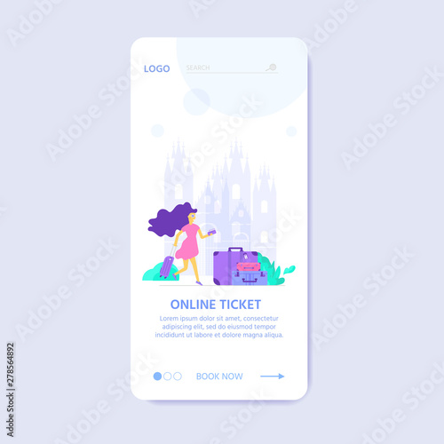 Young people with laptop, bag and baggage. Travel and tourism concept for website template, online booking reservation, landing page, banner, flight tickets service. Vector illustration