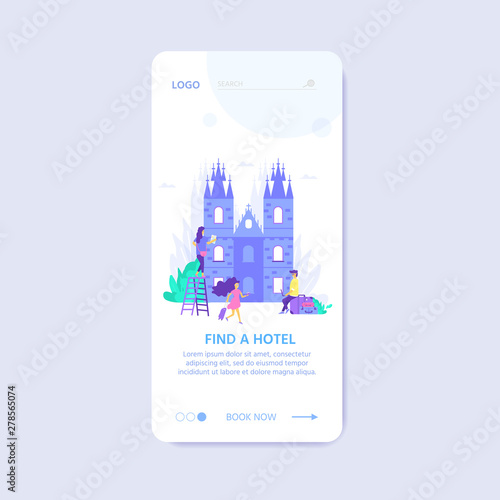 Young people with laptop, bag and baggage. Travel and tourism concept for website template, online booking reservation, landing page, banner, flight tickets service. Vector illustration