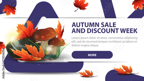 Autumn sale and discounts week, modern discount banner with fashionable design for your website with mushrooms and autumn leaves
