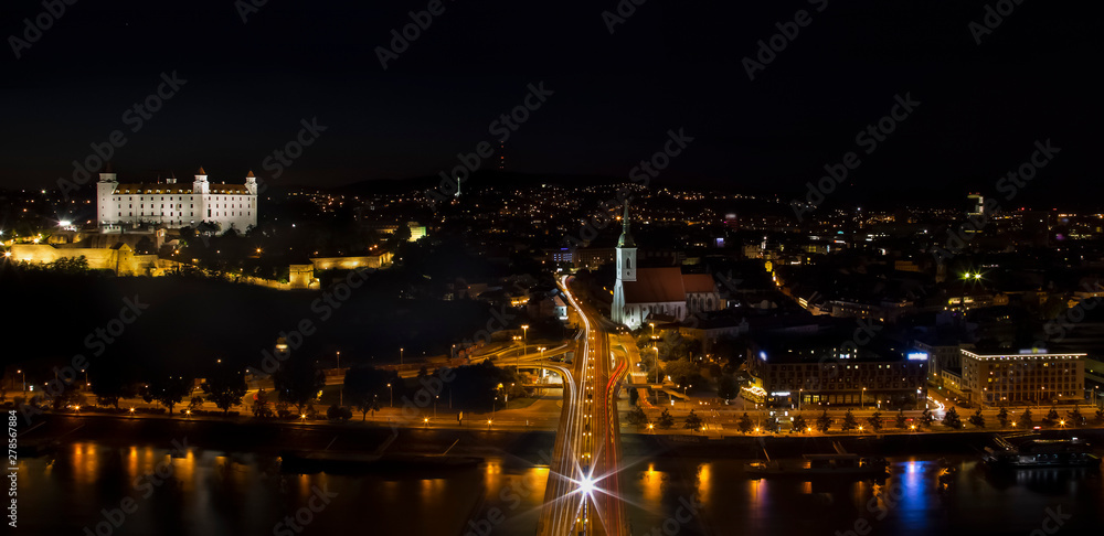 Night view of the historic center of Bratislava and the old town.