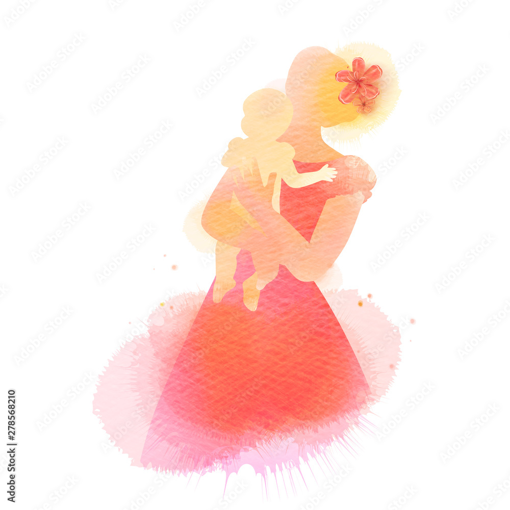 Side view of Happy mom holding adorable baby child silhouette plus abstract water color painted. Mother's day. Digital art painting. Double exposure. Side view of Happy mom holding adorable baby child silhouette plus abstract water color painted. Mother's day. Digital art painting. Double exposure.