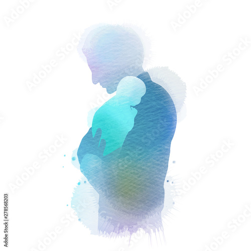 Father holding baby silhouette plus abstract watercolor painted. Happy father's day. Digital art painting.