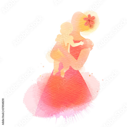 Side view of Happy mom holding adorable  baby child silhouette plus abstract water color painted. Mother's day. Digital art painting. Double exposure.