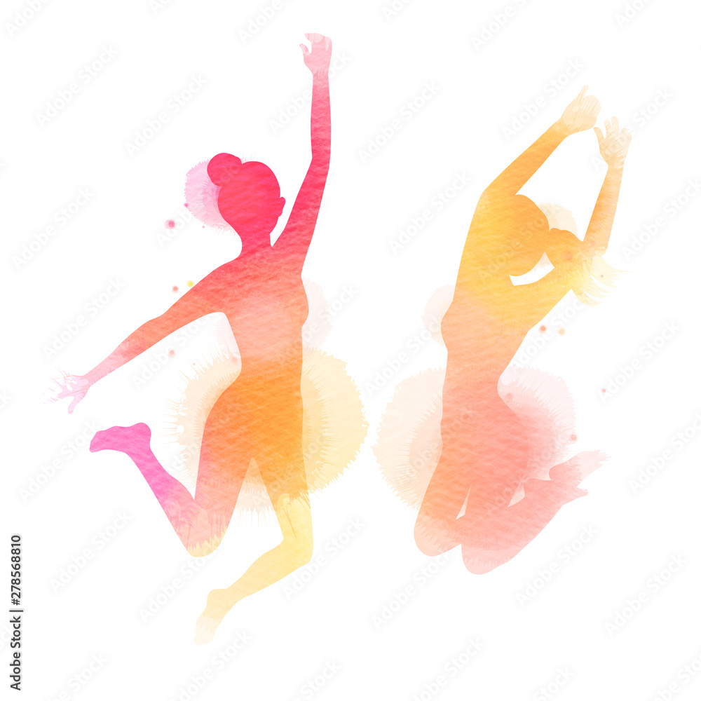 Watercolor of two womens jumping into the air isolated on white background.